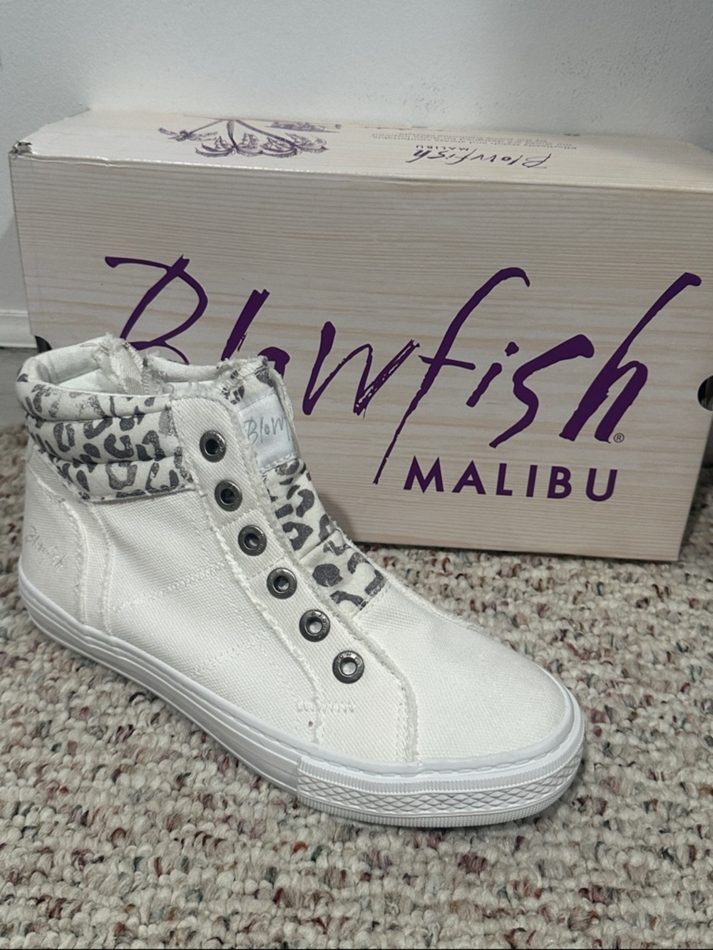 Blowfish Malibu Women's White High-Top Slip-On Sneaker with Leopard Trim